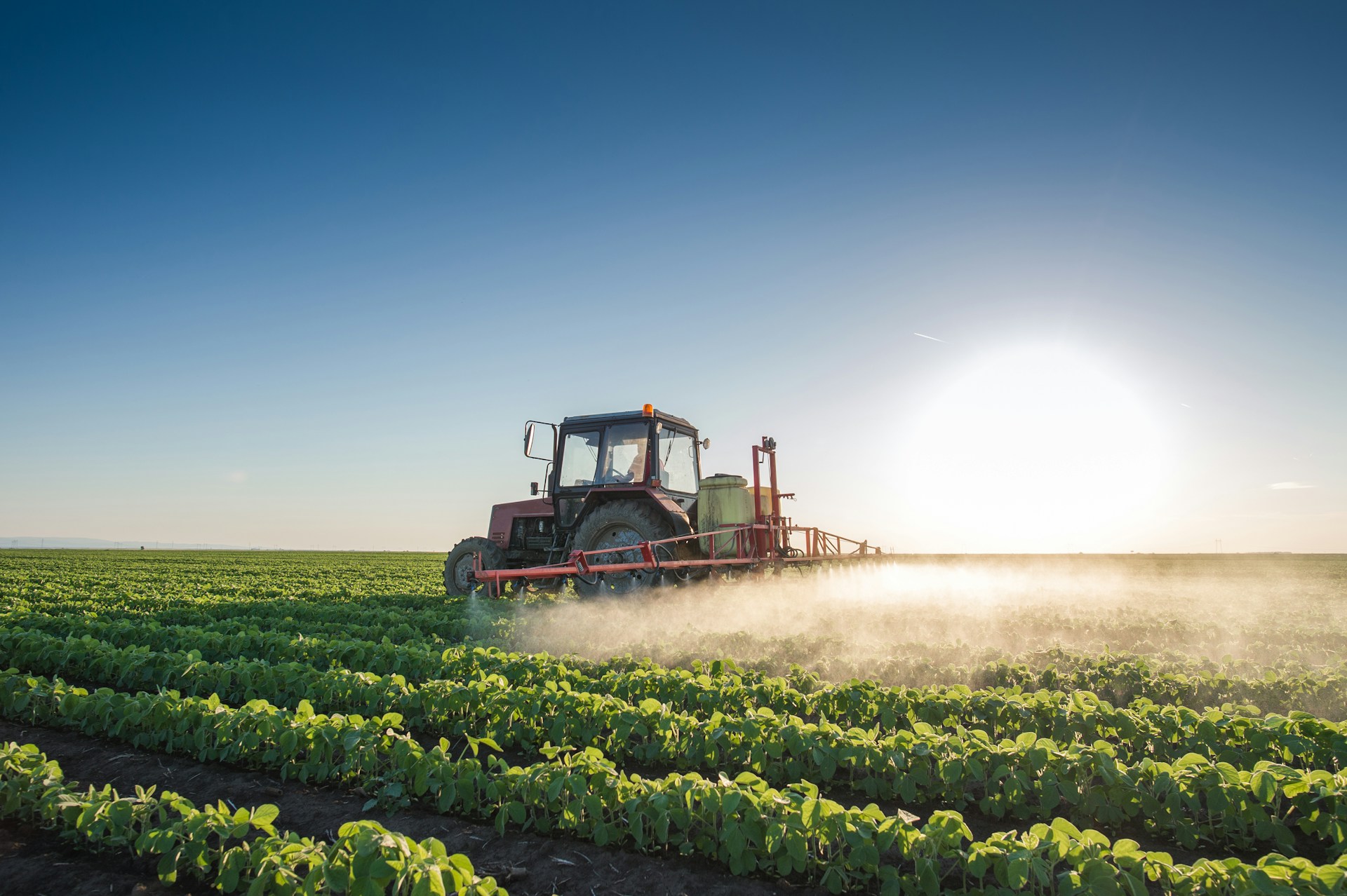 Tractor spraying crops in a farm field during sunrise, representing agricultural property