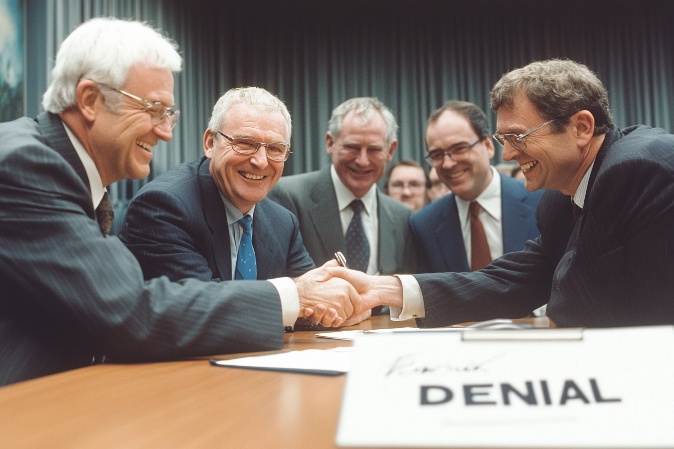 Businessmen smiling and shaking hands at a meeting with denial sign visible on table