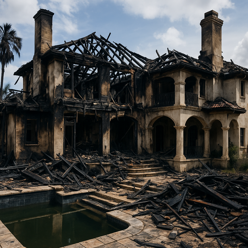 Luxury home completely destroyed by fire showing severe structural damage