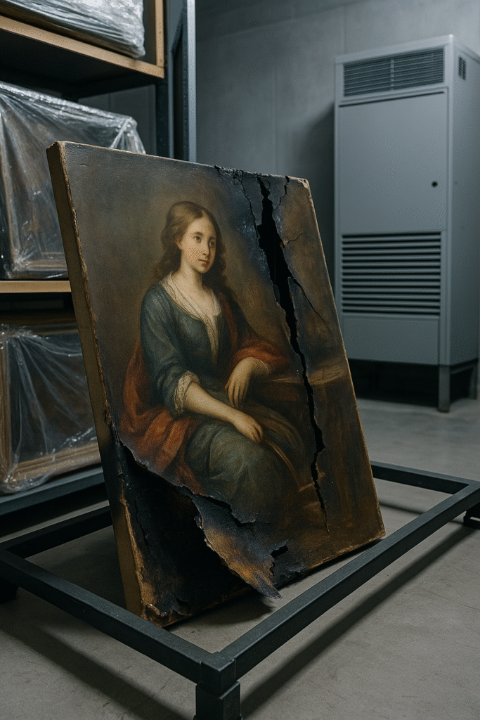collectible artwork in storage showing damage from humidity and light exposure