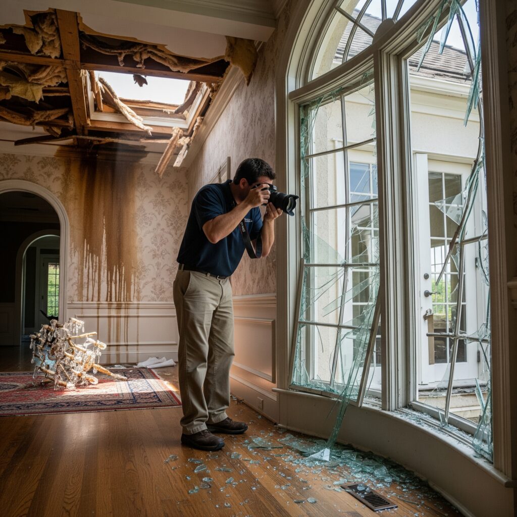 Homeowner photographing storm damage inside a luxury home with broken windows and collapsed ceiling
