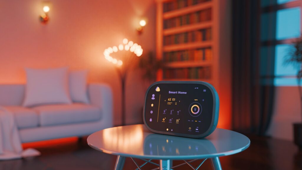 Smart home interface device on coffee table with ambient lighting in a modern living room