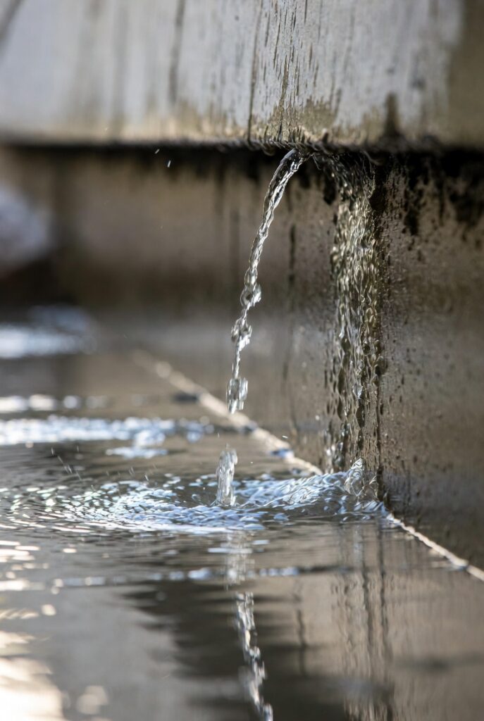 Water seeping through a basement foundation wall indicating seepage damage