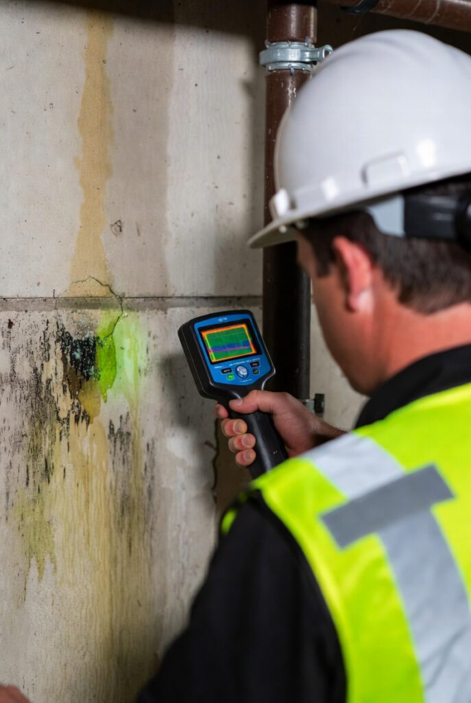 Public adjuster inspecting basement water damage with a moisture meter